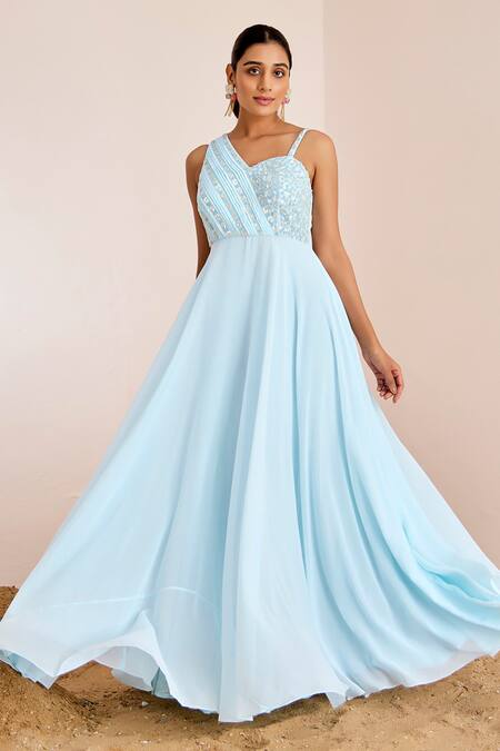 Suruchi Parakh_Blue Georgette Sequins, Beads Asymmetric Yoke Embroidered Gown _Online_at_Aza_Fashions