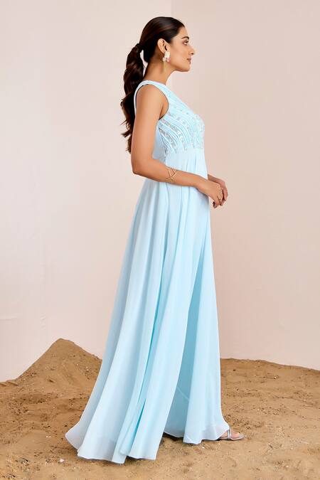 Buy_Suruchi Parakh_Blue Georgette Sequins, Beads Asymmetric Yoke Embroidered Gown _Online_at_Aza_Fashions