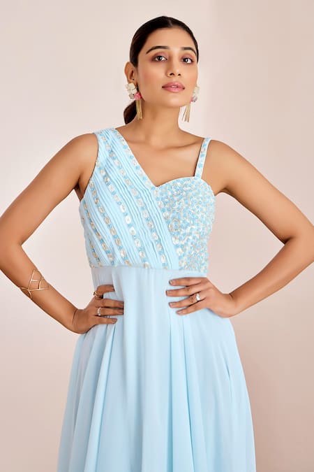 Shop_Suruchi Parakh_Blue Georgette Sequins, Beads Asymmetric Yoke Embroidered Gown _Online_at_Aza_Fashions