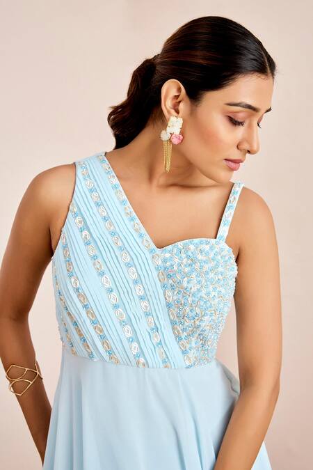 Suruchi Parakh_Blue Georgette Sequins, Beads Asymmetric Yoke Embroidered Gown _at_Aza_Fashions
