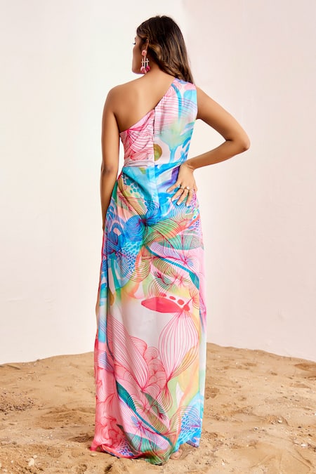Shop_Suruchi Parakh_Multi Color Silk, Satin One Shoulder Abstract Print Dress _at_Aza_Fashions