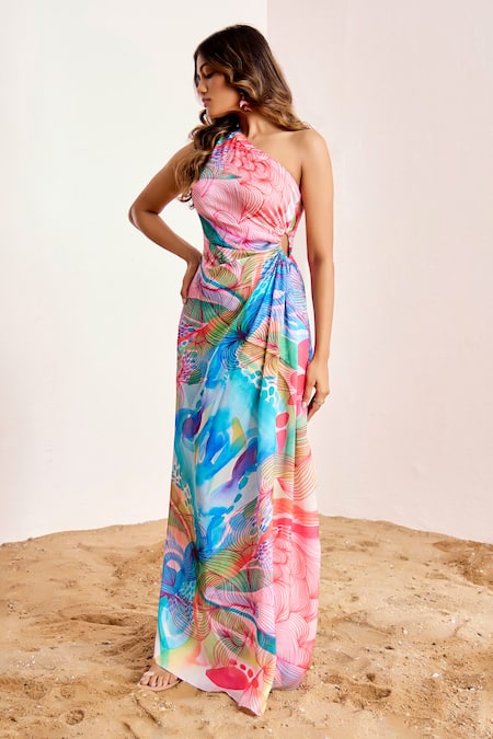 Buy_Suruchi Parakh_Multi Color Silk, Satin One Shoulder Abstract Print Dress _Online_at_Aza_Fashions