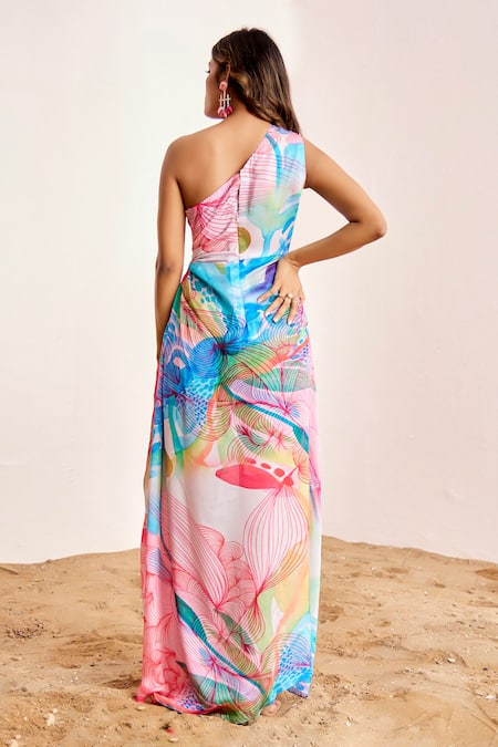 Suruchi Parakh_Multi Color Silk, Satin One Shoulder Abstract Print Dress _at_Aza_Fashions