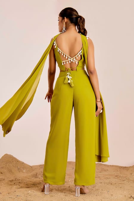 Shop Suruchi Parakh Green Georgette Sequins Scoop Neck Shell Tassel Embellished Blouse Pant Set at Aza Fashions Shop_Suruchi Parakh_Green Georgette Sequins Scoop Neck Shell Tassel Embellished Blouse Pant Set_at_Aza_Fashions
