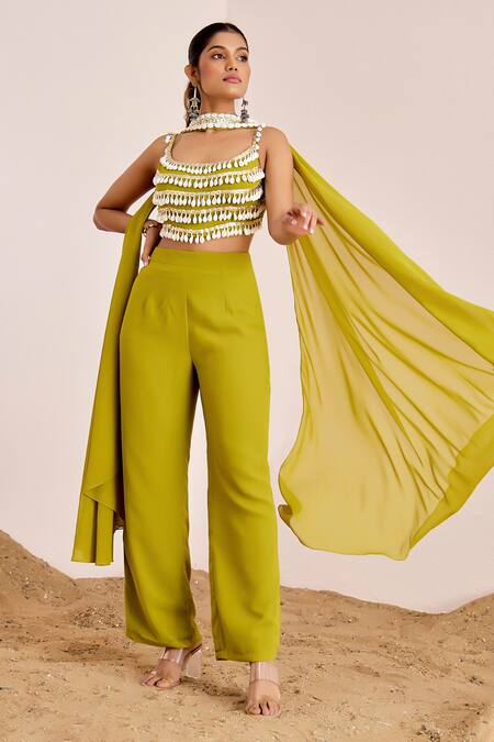 Suruchi Parakh Green Georgette Sequins Scoop Neck Shell Tassel Embellished Blouse Pant Set Online at Aza Fashions Suruchi Parakh_Green Georgette Sequins Scoop Neck Shell Tassel Embellished Blouse Pant Set_Online_at_Aza_Fashions
