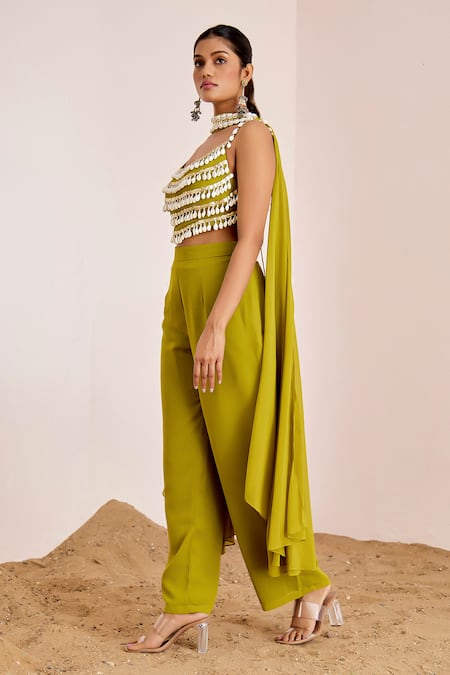 Buy Suruchi Parakh Green Georgette Sequins Scoop Neck Shell Tassel Embellished Blouse Pant Set Online at Aza Fashions Buy_Suruchi Parakh_Green Georgette Sequins Scoop Neck Shell Tassel Embellished Blouse Pant Set_Online_at_Aza_Fashions
