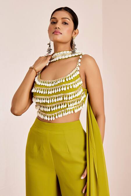 Suruchi Parakh Green Georgette Sequins Scoop Neck Shell Tassel Embellished Blouse Pant Set at Aza Fashions Suruchi Parakh_Green Georgette Sequins Scoop Neck Shell Tassel Embellished Blouse Pant Set_at_Aza_Fashions