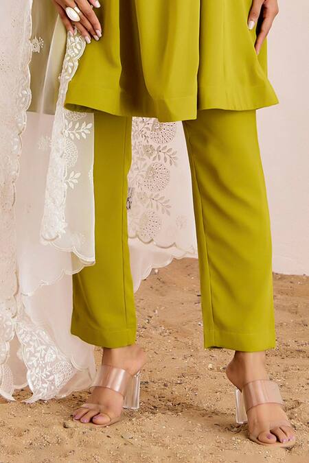 Suruchi Parakh_Green Organza, Georgette Sequins, Beads, Embroidery Round Floral Kurta Pant Set _Online_at_Aza_Fashions