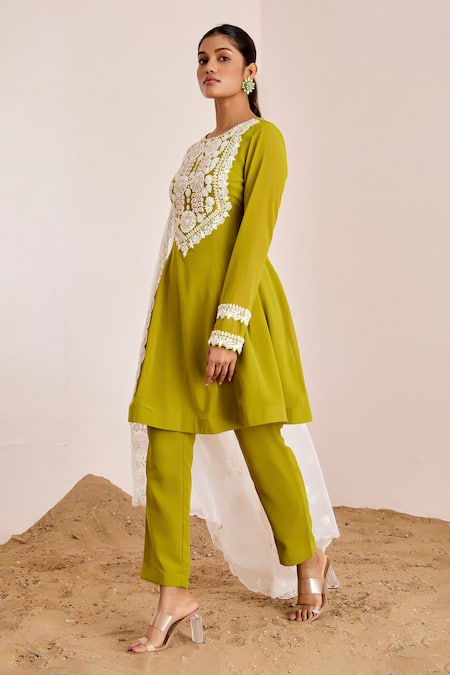 Buy_Suruchi Parakh_Green Organza, Georgette Sequins, Beads, Embroidery Round Floral Kurta Pant Set _Online_at_Aza_Fashions