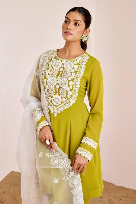 Suruchi Parakh_Green Organza, Georgette Sequins, Beads, Embroidery Round Floral Kurta Pant Set _at_Aza_Fashions