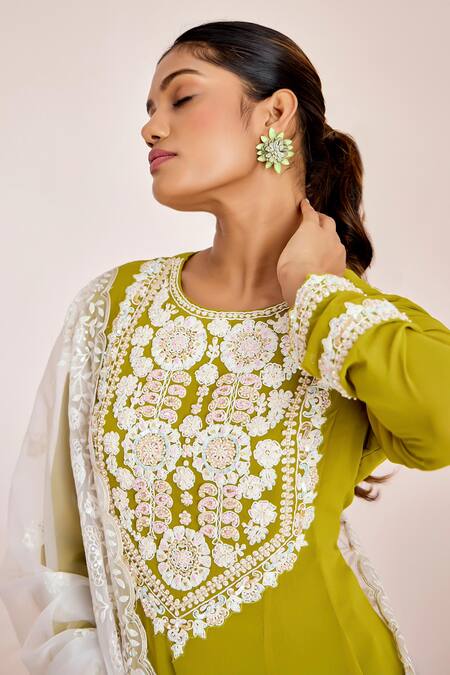 Buy_Suruchi Parakh_Green Organza, Georgette Sequins, Beads, Embroidery Round Floral Kurta Pant Set 