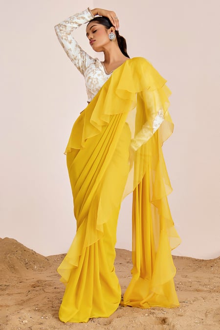 Suruchi Parakh_Yellow Organza, Georgette Sequins, Pre-draped Ruffle Saree With Blouse _Online_at_Aza_Fashions