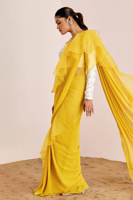 Buy_Suruchi Parakh_Yellow Organza, Georgette Sequins, Pre-draped Ruffle Saree With Blouse _Online_at_Aza_Fashions
