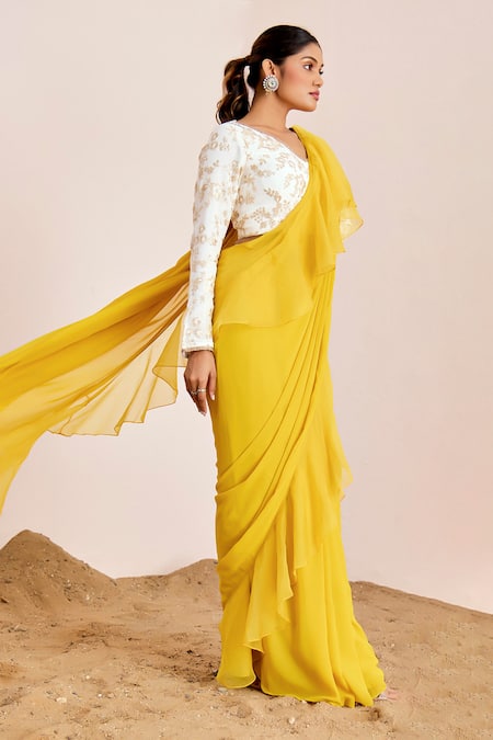 Shop_Suruchi Parakh_Yellow Organza, Georgette Sequins, Pre-draped Ruffle Saree With Blouse _Online_at_Aza_Fashions