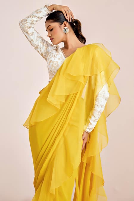 Suruchi Parakh_Yellow Organza, Georgette Sequins, Pre-draped Ruffle Saree With Blouse _at_Aza_Fashions