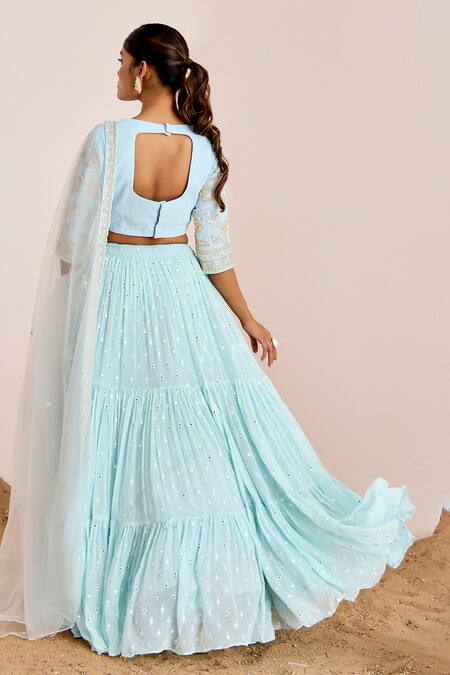 Suruchi Parakh_Blue Net, Georgette Mirrors, Beads, Sequins V-neck Work Tiered Lehenga Set _Online_at_Aza_Fashions