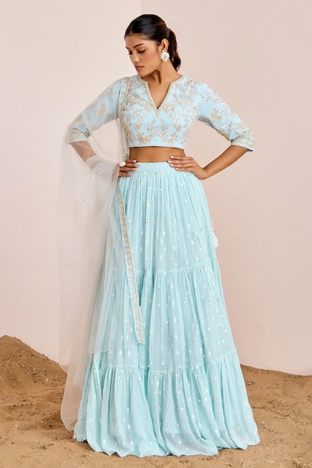 Buy_Suruchi Parakh_Blue Net, Georgette Mirrors, Beads, Sequins V-neck Work Tiered Lehenga Set _Online_at_Aza_Fashions
