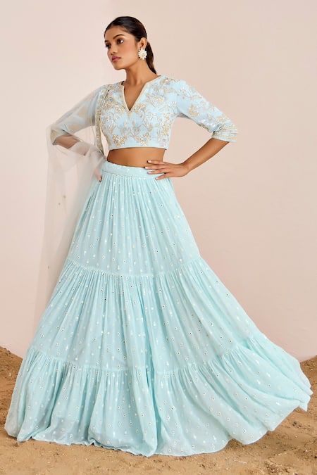 Shop_Suruchi Parakh_Blue Net, Georgette Mirrors, Beads, Sequins V-neck Work Tiered Lehenga Set _Online_at_Aza_Fashions