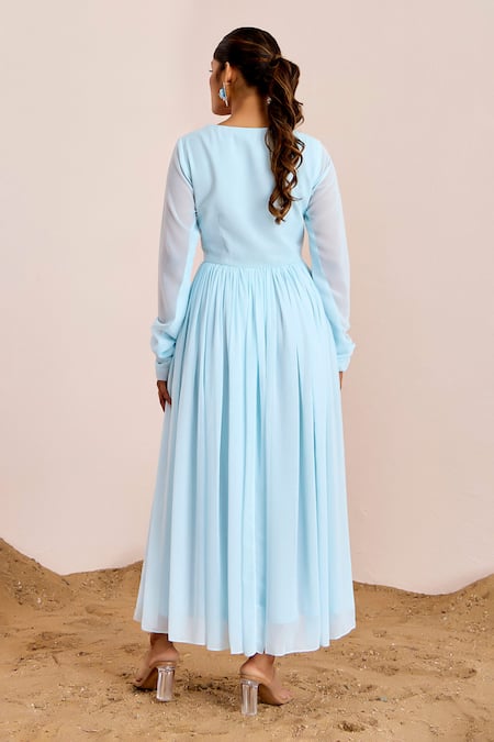 Shop_Suruchi Parakh_Blue Georgette Embroidery V-neck Thread Anarkali _at_Aza_Fashions