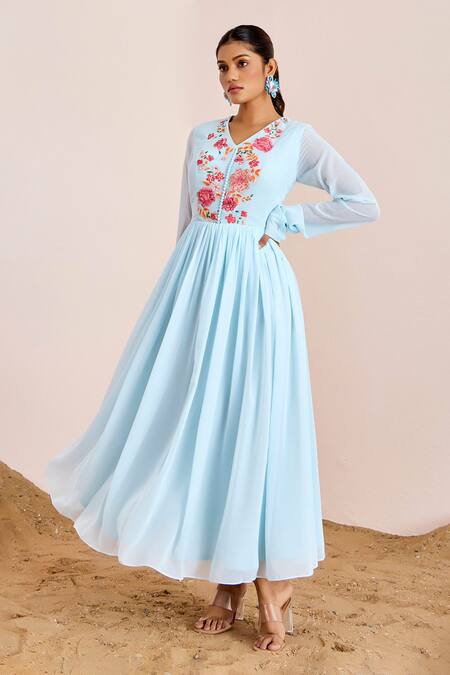 Suruchi Parakh_Blue Georgette Embroidery V-neck Thread Anarkali _Online_at_Aza_Fashions