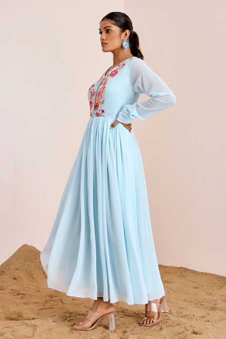 Buy_Suruchi Parakh_Blue Georgette Embroidery V-neck Thread Anarkali _Online_at_Aza_Fashions