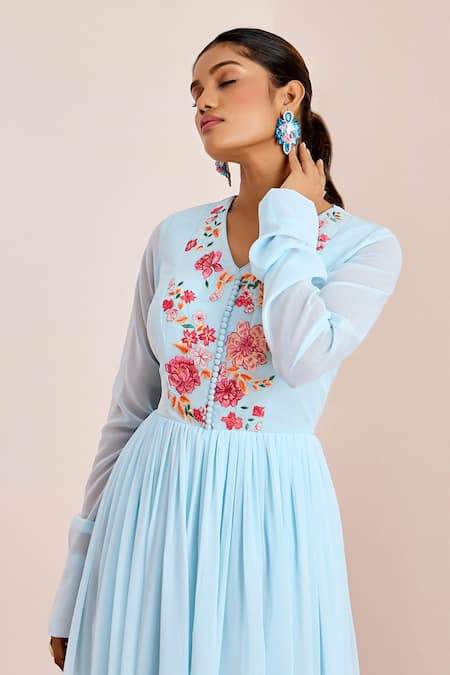 Shop_Suruchi Parakh_Blue Georgette Embroidery V-neck Thread Anarkali _Online_at_Aza_Fashions