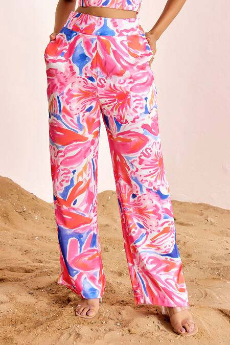 Buy_Suruchi Parakh_Multi Color Satin, Silk Sweetheart Neck Abstract Print Bustier And Pant Set _Online_at_Aza_Fashions