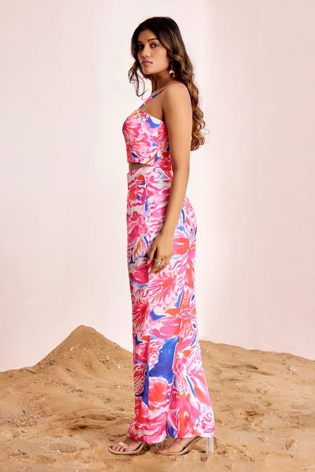 Shop_Suruchi Parakh_Multi Color Satin, Silk Sweetheart Neck Abstract Print Bustier And Pant Set _Online_at_Aza_Fashions