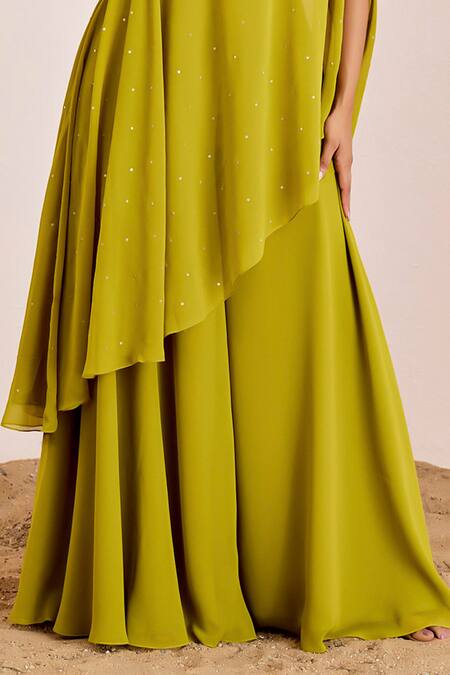 Suruchi Parakh Green Georgette Embroidery Paisley Neckline Tunic And Flared Pant Set Online at Aza Fashions Suruchi Parakh_Green Georgette Embroidery Paisley Neckline Tunic And Flared Pant Set _Online_at_Aza_Fashions