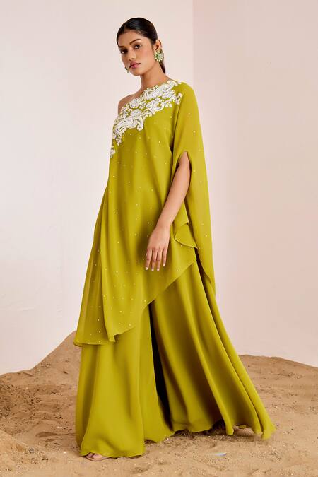 Buy Suruchi Parakh Green Georgette Embroidery Paisley Neckline Tunic And Flared Pant Set Online at Aza Fashions Buy_Suruchi Parakh_Green Georgette Embroidery Paisley Neckline Tunic And Flared Pant Set _Online_at_Aza_Fashions