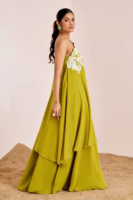 Shop Suruchi Parakh Green Georgette Embroidery Paisley Neckline Tunic And Flared Pant Set Online at Aza Fashions Shop_Suruchi Parakh_Green Georgette Embroidery Paisley Neckline Tunic And Flared Pant Set _Online_at_Aza_Fashions