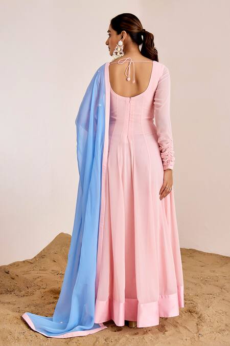 Shop Suruchi Parakh Pink Organza, Georgette, Satin Embroidery Floral Hand Anarkali With Dupatta at Aza Fashions Shop_Suruchi Parakh_Pink Organza, Georgette, Satin Embroidery Floral Hand Anarkali With Dupatta _at_Aza_Fashions