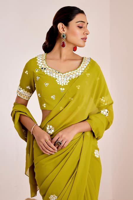 Suruchi Parakh_Green Georgette Mirrors Boat Neck Work Saree With Blouse _Online_at_Aza_Fashions