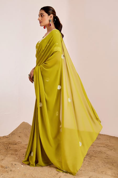 Buy_Suruchi Parakh_Green Georgette Mirrors Boat Neck Work Saree With Blouse _Online_at_Aza_Fashions