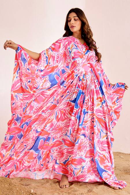 Suruchi Parakh_Multi Color Silk V-neck Abstract Print Kaftan _Online_at_Aza_Fashions