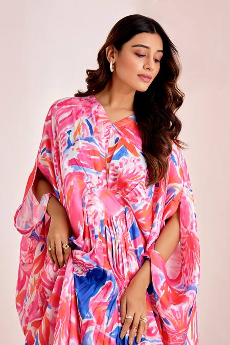 Shop_Suruchi Parakh_Multi Color Silk V-neck Abstract Print Kaftan _Online_at_Aza_Fashions