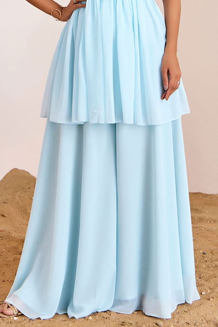 Suruchi Parakh_Blue Georgette Pearls, Sequins Crew Embroidered Peplum Kurta And Flared Pant Set _Online_at_Aza_Fashions