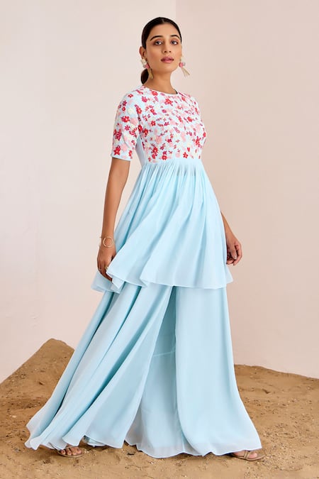 Buy_Suruchi Parakh_Blue Georgette Pearls, Sequins Crew Embroidered Peplum Kurta And Flared Pant Set _Online_at_Aza_Fashions