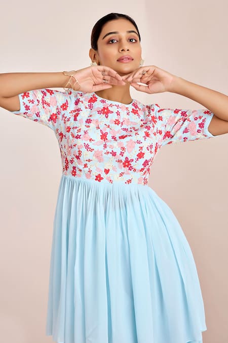 Shop_Suruchi Parakh_Blue Georgette Pearls, Sequins Crew Embroidered Peplum Kurta And Flared Pant Set _Online_at_Aza_Fashions