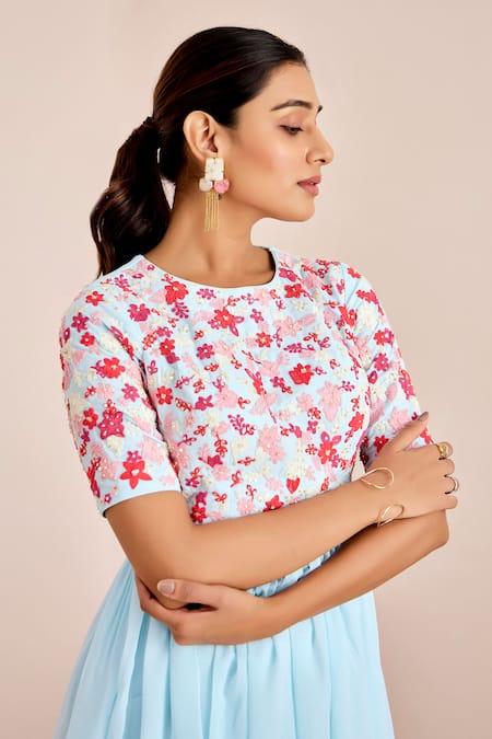 Suruchi Parakh_Blue Georgette Pearls, Sequins Crew Embroidered Peplum Kurta And Flared Pant Set _at_Aza_Fashions