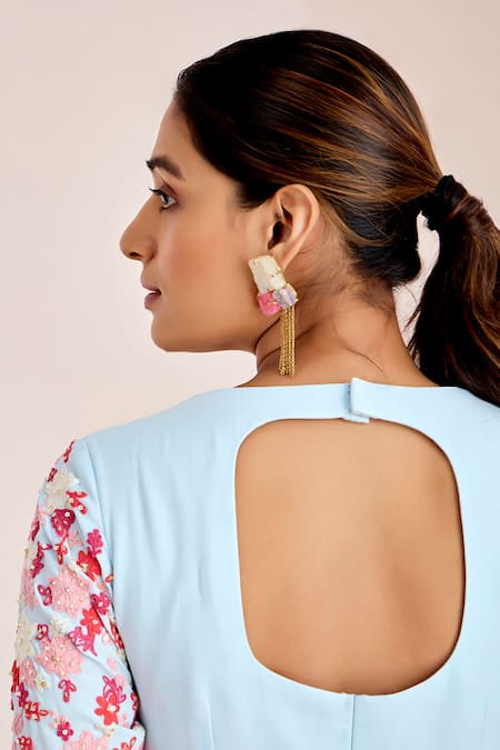 Buy_Suruchi Parakh_Blue Georgette Pearls, Sequins Crew Embroidered Peplum Kurta And Flared Pant Set 