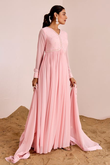 Suruchi Parakh Pink Georgette Pearls, Sequins, Embroidery V-neck Yoke Anarkali With Dupatta Online at Aza Fashions Suruchi Parakh_Pink Georgette Pearls, Sequins, Embroidery V-neck Yoke Anarkali With Dupatta _Online_at_Aza_Fashions