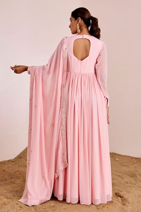 Shop Suruchi Parakh Pink Georgette Pearls, Sequins, Embroidery V-neck Yoke Anarkali With Dupatta at Aza Fashions Shop_Suruchi Parakh_Pink Georgette Pearls, Sequins, Embroidery V-neck Yoke Anarkali With Dupatta _at_Aza_Fashions