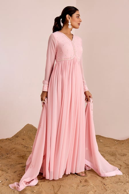 Buy Suruchi Parakh Pink Georgette Pearls, Sequins, Embroidery V-neck Yoke Anarkali With Dupatta Online at Aza Fashions Buy_Suruchi Parakh_Pink Georgette Pearls, Sequins, Embroidery V-neck Yoke Anarkali With Dupatta _Online_at_Aza_Fashions