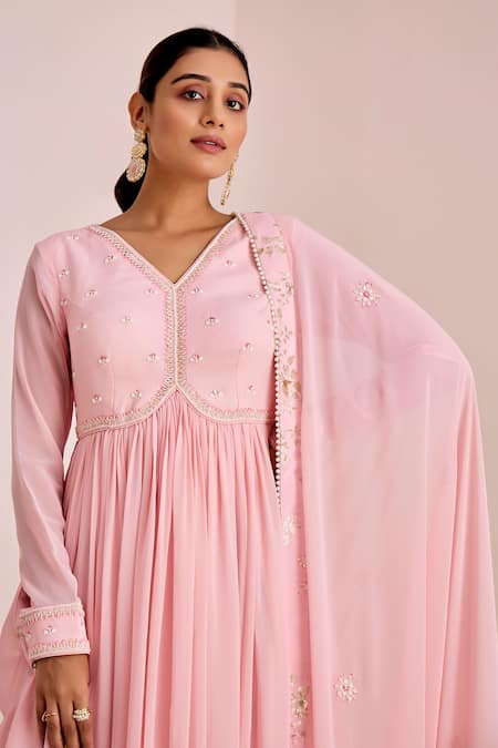 Shop Suruchi Parakh Pink Georgette Pearls, Sequins, Embroidery V-neck Yoke Anarkali With Dupatta Online at Aza Fashions Shop_Suruchi Parakh_Pink Georgette Pearls, Sequins, Embroidery V-neck Yoke Anarkali With Dupatta _Online_at_Aza_Fashions