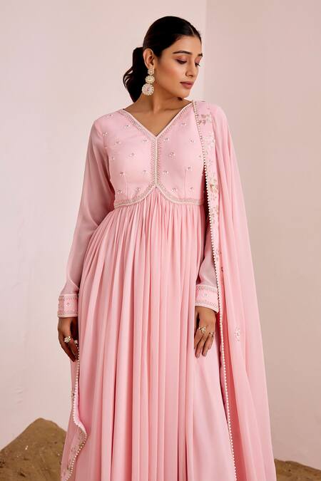 Suruchi Parakh Pink Georgette Pearls, Sequins, Embroidery V-neck Yoke Anarkali With Dupatta at Aza Fashions Suruchi Parakh_Pink Georgette Pearls, Sequins, Embroidery V-neck Yoke Anarkali With Dupatta _at_Aza_Fashions