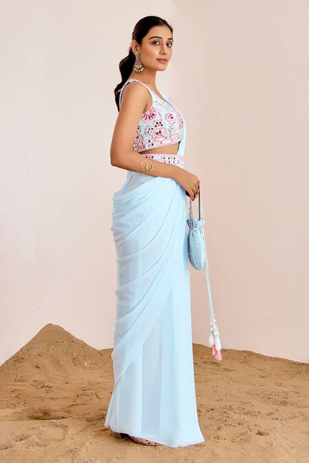 Buy_Suruchi Parakh_Blue Georgette Mirrors, Embroidery Round Neck Pre-draped Saree With Work Blouse _Online_at_Aza_Fashions