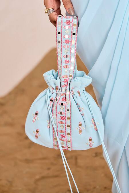 Shop_Suruchi Parakh_Blue Georgette Mirrors, Embroidery Round Neck Pre-draped Saree With Work Blouse _Online_at_Aza_Fashions