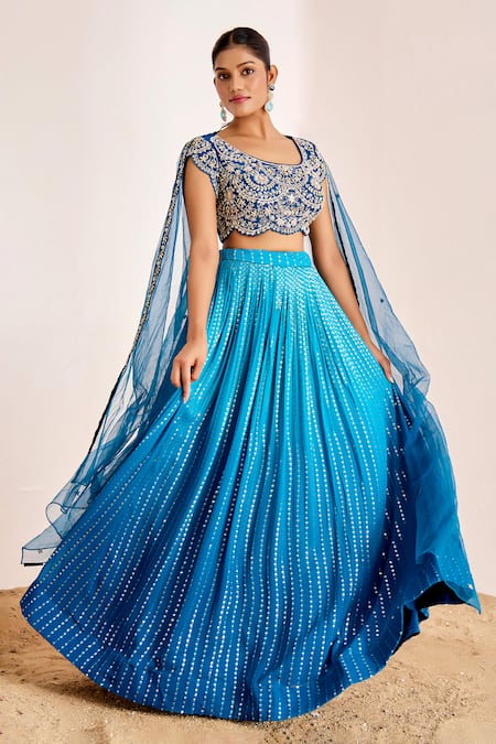Buy_Suruchi Parakh_Blue Net, Georgette Sequins Round Neck Ombre Embroidered Lehenga Set _Online_at_Aza_Fashions