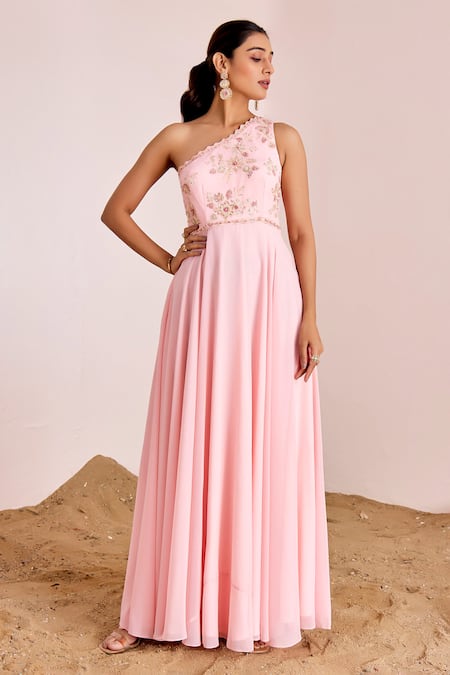 Suruchi Parakh Pink Georgette Embroidery Thread Asymmetric One Shoulder Gown 